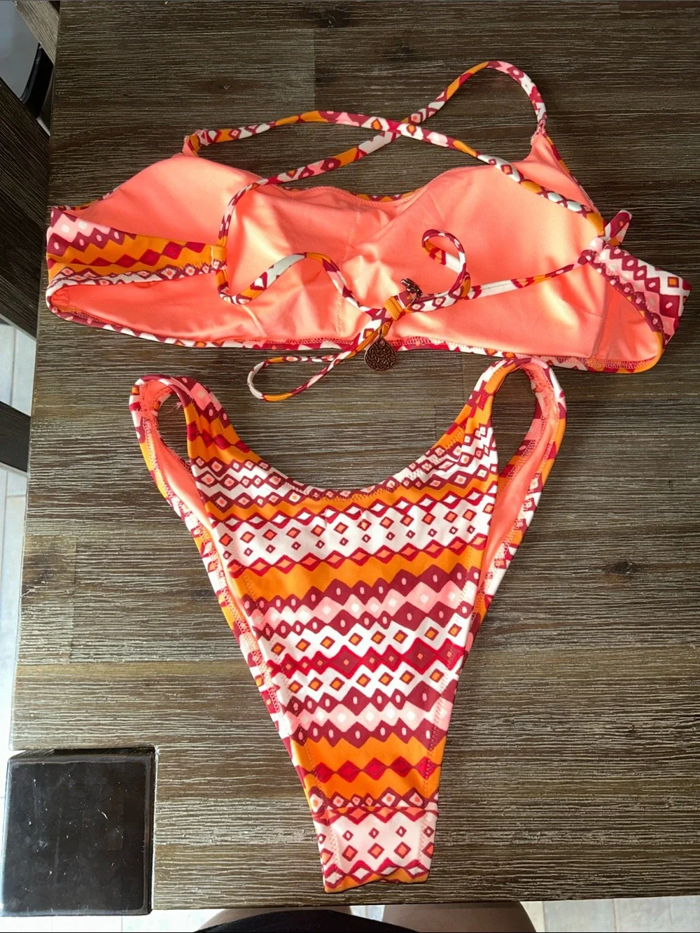 aerie Girls' Orange and Pink Geo Print Two-Piece Swim Set